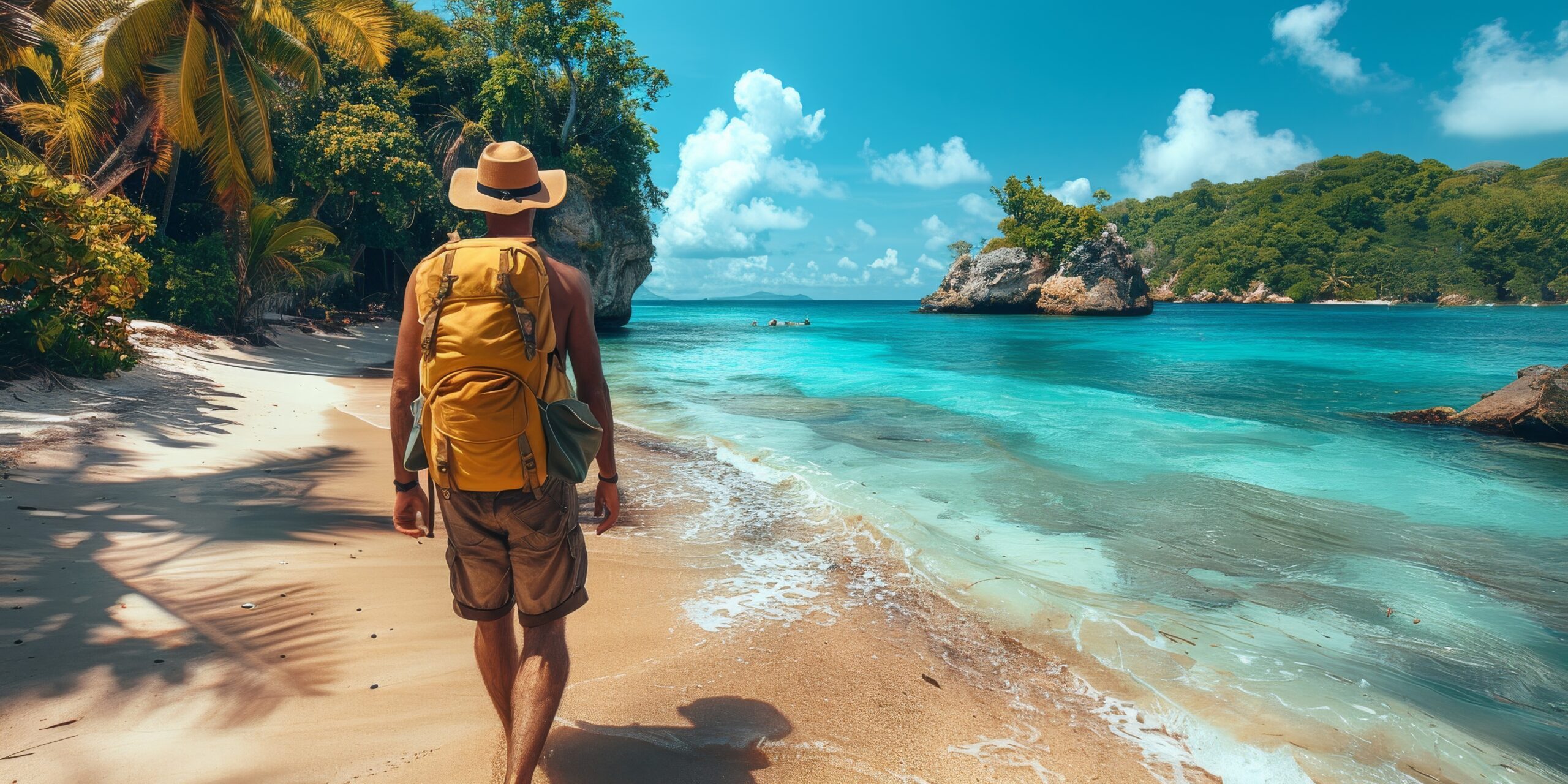 A man with a backpack strolling by the beach under fluffy clouds